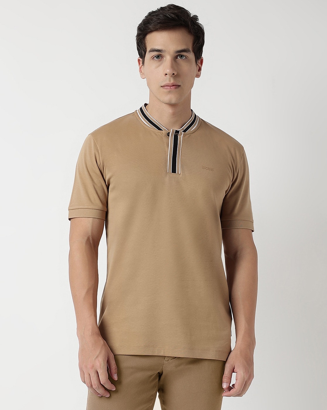 BOSS - Interlock-cotton Henley shirt with striped details