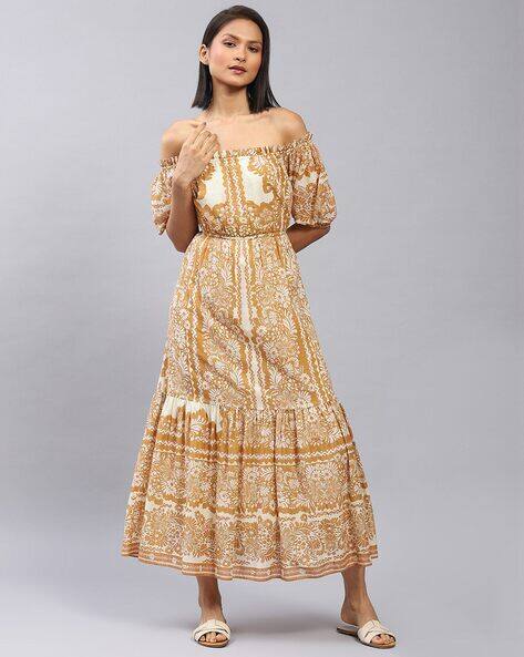 LABEL RITU KUMAR Floral Print Off Shoulder Fit & Flare Dress