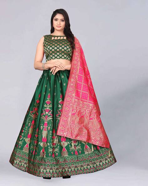 Buy Green Pink Printed Crepe Embroidered Blouse with Lehenga and Zari  Organza Dupatta - Set of 3 | HSSBMLS10A/BARM1 | The loom