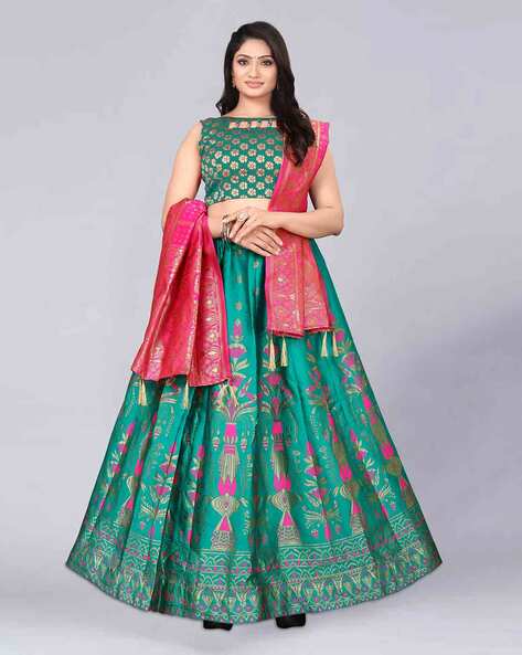 Dark Green Lehenga Choli With Pink Dupatta For Wedding