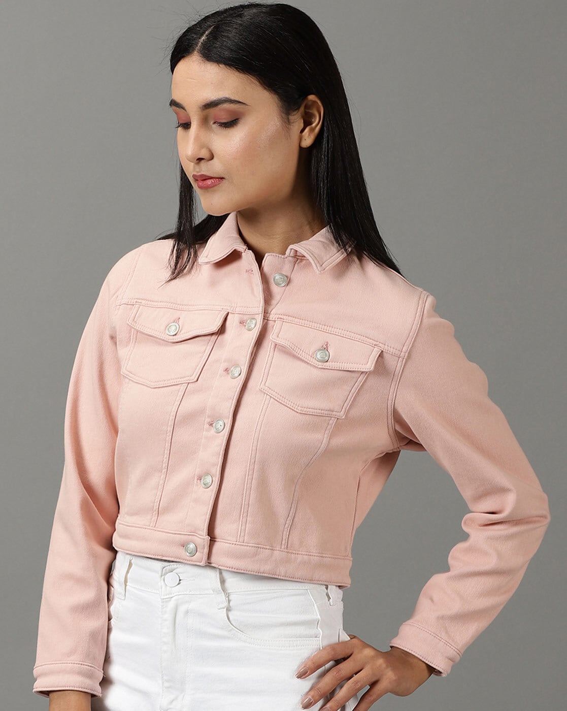 Buy Belle Fille Women Peach Coloured Solid Leather Jacket - Jackets for  Women 10320305 | Myntra