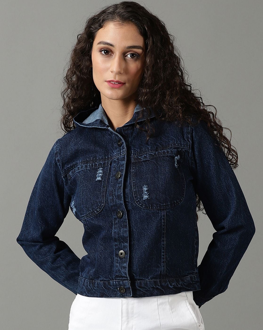 Buy online Women Navy Blue Solid Denim Jacket from jackets and blazers and  coats for Women by Showoff for ₹1400 at 60% off | 2024 Limeroad.com
