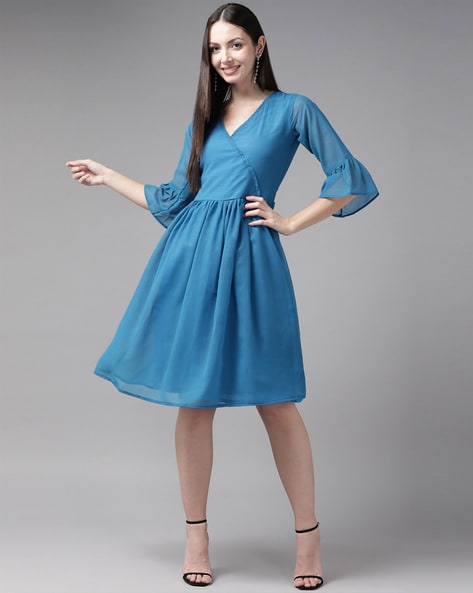 Georgette Fit Flare Dress with Bell Sleeves