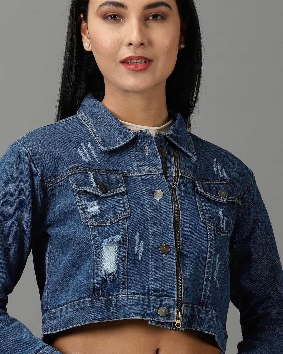 Madame Blue Printed Denim Crop Jacket | Buy SIZE S Jacket Online for |  Glamly