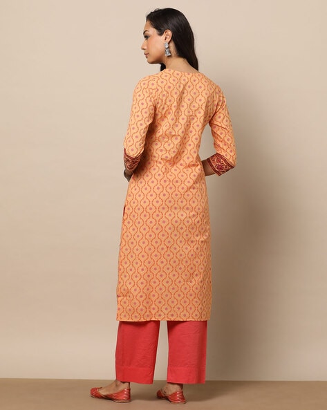 Buy Light Orange Chanderi Silk Readymade Kurti | Party Wear Kurtis