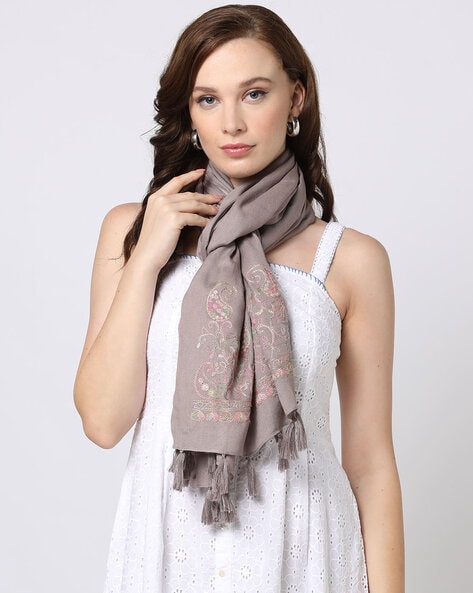 Women Embroidered Scarf with Tassels Price in India