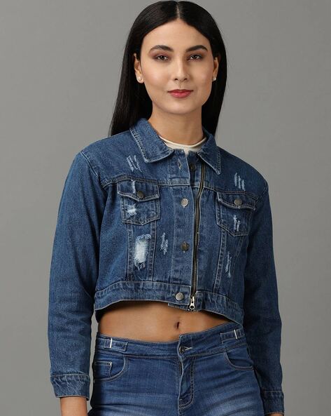 Buy online Women Light Blue Solid Cropped Denim Jacket from jackets and  blazers and coats for Women by Showoff for ₹1949 at 60% off | 2024  Limeroad.com