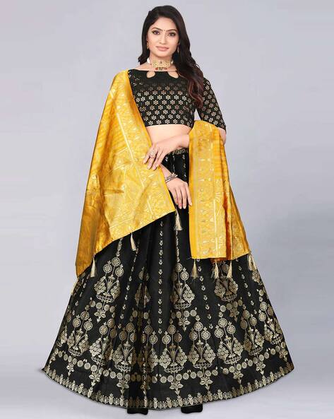 Buy Gold Silk Tissue Lehenga Set With Black Dupatta For Women by Ranian  Online at Aza Fashions.