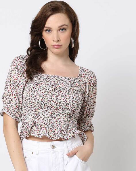 Printed Fitted Smocked Top