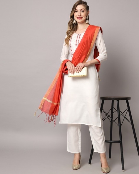 Buy Shree Women Rayon White Kurta Inner Sharara With Dupatta (Set Of 4)  online