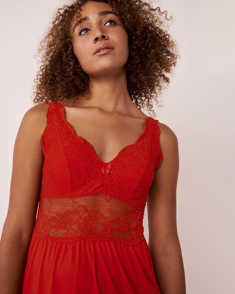 Babydoll Lacy Net V-Neck Dress - Red