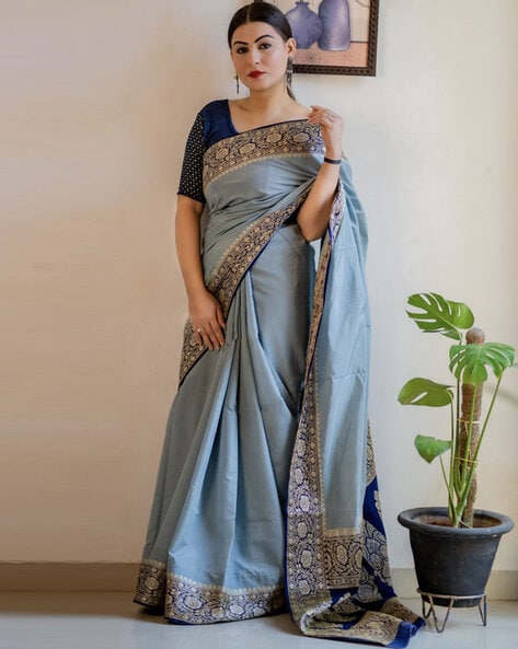 Bina Blue Aura Silk Woven Taant One Minute Saree | Saree designs, Grey saree,  Blue saree