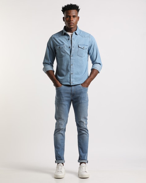 Men's Blue Denim Shirt, White and Black Print Crew-neck T-shirt, Black  Leather Sweatpants, Grey Leather Slip-on Sneakers | Lookastic