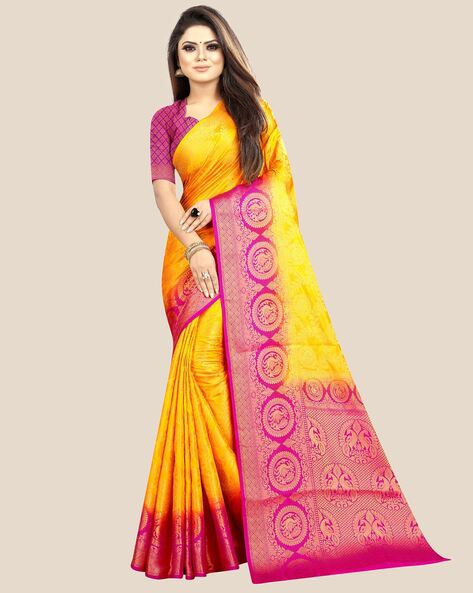 Pure soft silk saree mango yellow and pink with zari woven buttas and –  Cherrypick