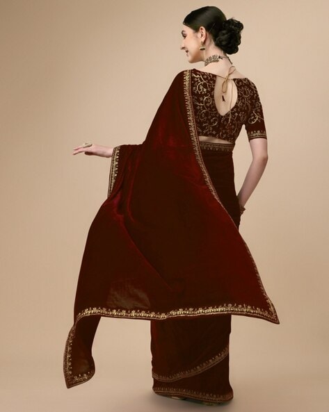 Maroon color Embroidered Velvet Classic Designer Saree