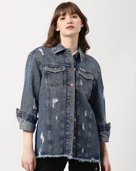 Amazon.com: CHARTOU Women's Oversized Distressed Ripped Denim Jacket Frayed  Hem Button Down Shirt Jacket (Small,Light blue) : Clothing, Shoes & Jewelry