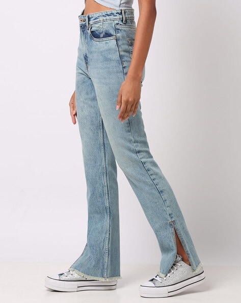 Women's High Rise Side Split Wide Leg Straight Denim Jeans