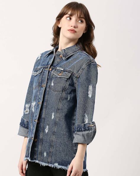 Women's 3/4 Sleeve Cropped Distressed Denim Jacket Basic Button Down Jean  Coats | Distressed denim jacket, Distressed denim, Denim jacket