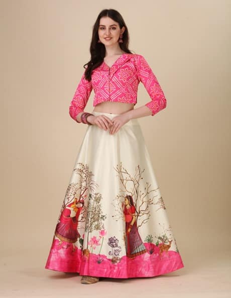 Satin Silk Flared Pichwai Bandhani Print Crop Top Lehenga Choli Set