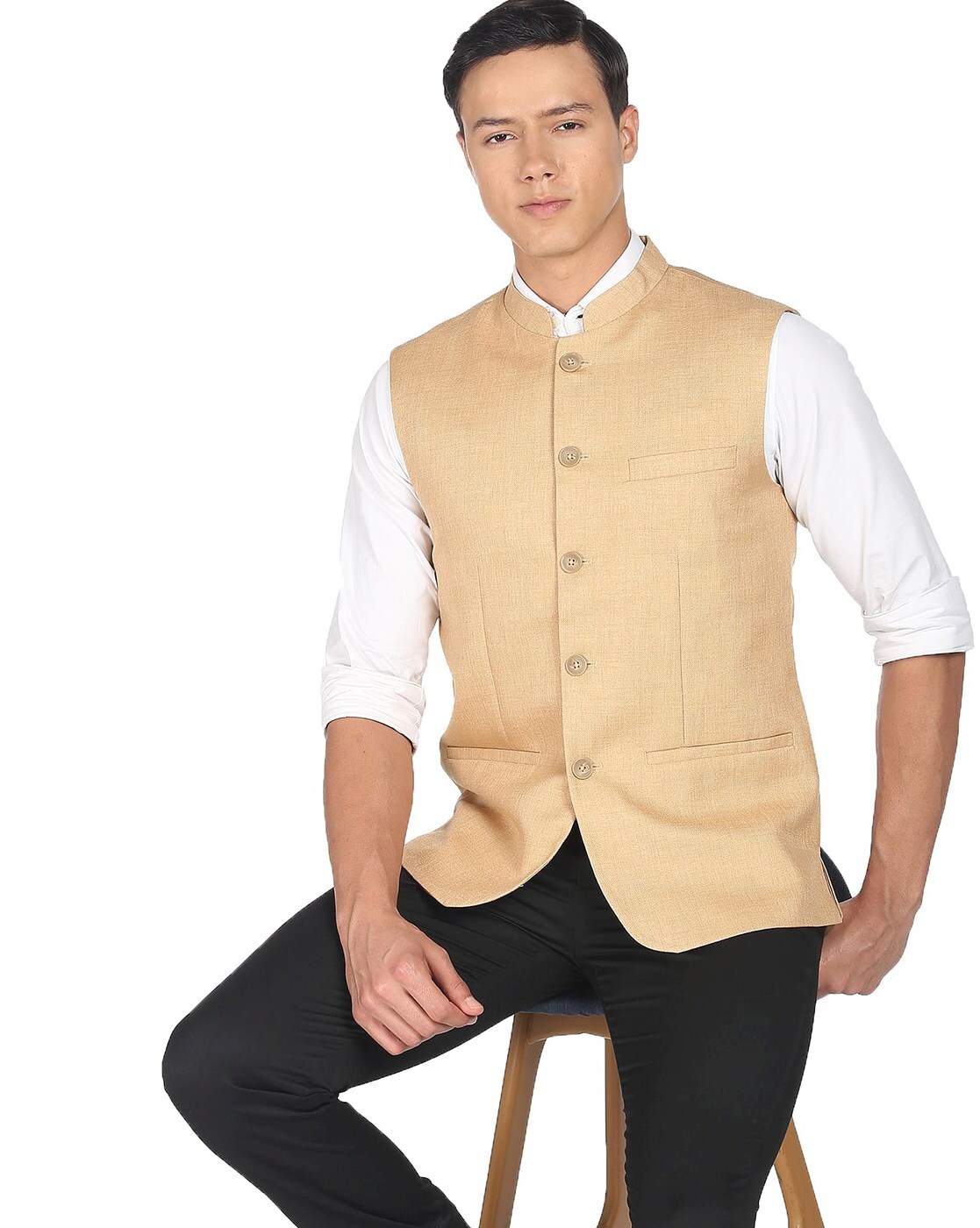 Men's Cream Kurta & Pajama With White Nehru Jacket 895MW22