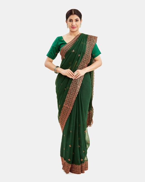 Kalyan Silks on X: Bottle Green Satin Silk #DesignerSaree Shop Online:    / X