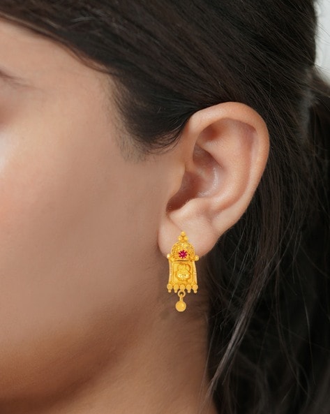 Traditional Carved Leaf Motif Gold Jhumka Earrings