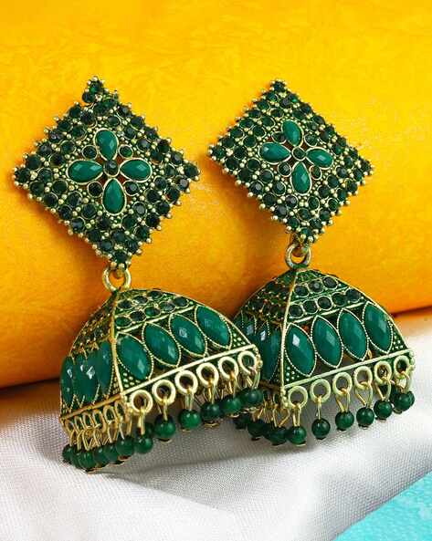 Bindiya kundan earrings and maangtikka - Dark Green – Rohika Store