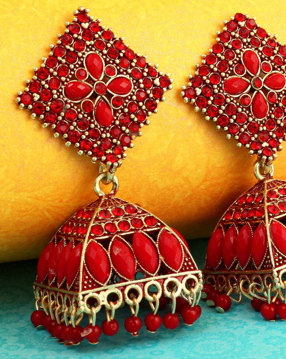Shop Designer Gold N Red Jhumka Earrings Online at Best Price | Cbazaar