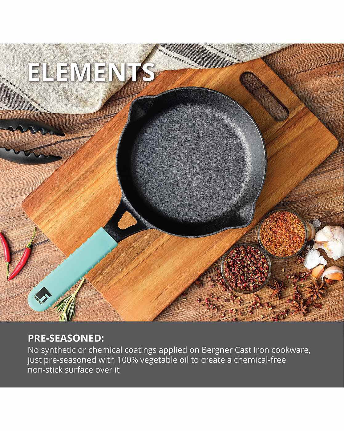 Bergner Elements Pre-Seasoned Cast Iron Dosa Tawa, 30 cm