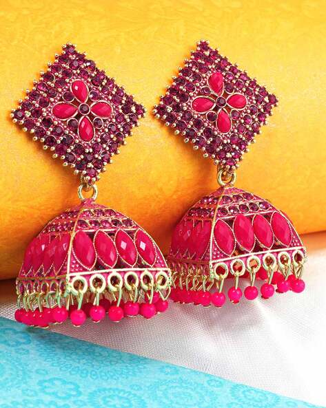 Pink Stone Jhumka Earrings for Women Online at Silvermerc | GME_2733 –  Silvermerc Designs