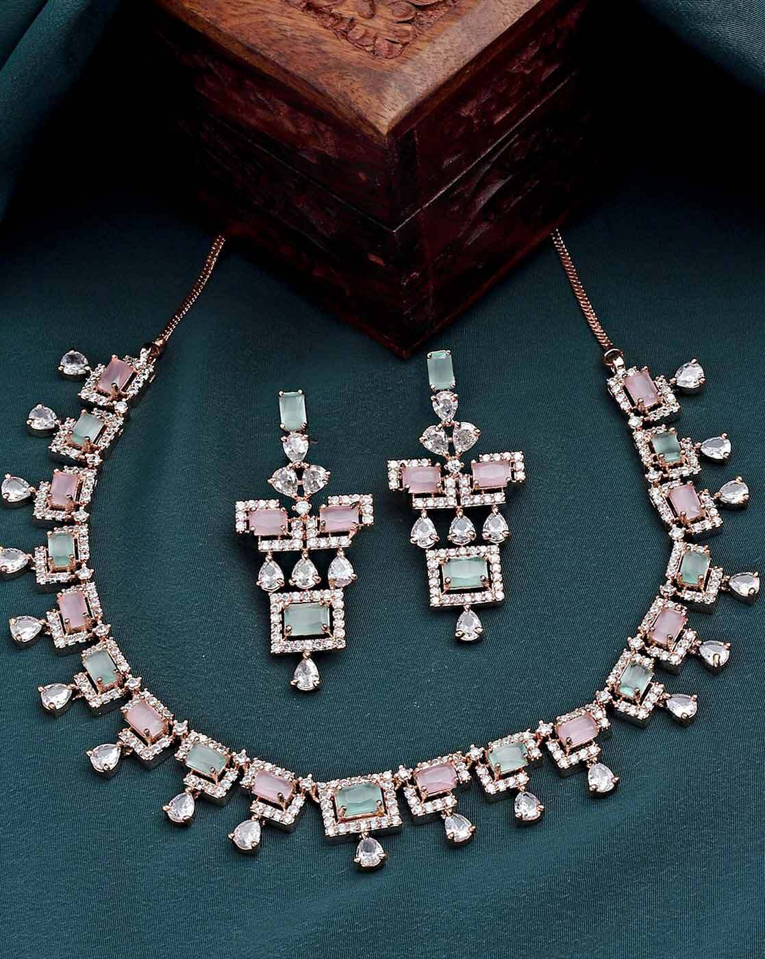 Attractive Dark Pink Diamond Necklace Set - SJK1307