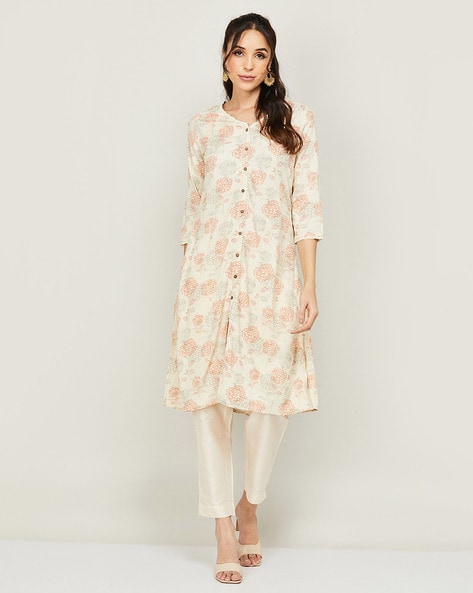 Melange floral print hot sale straight kurta