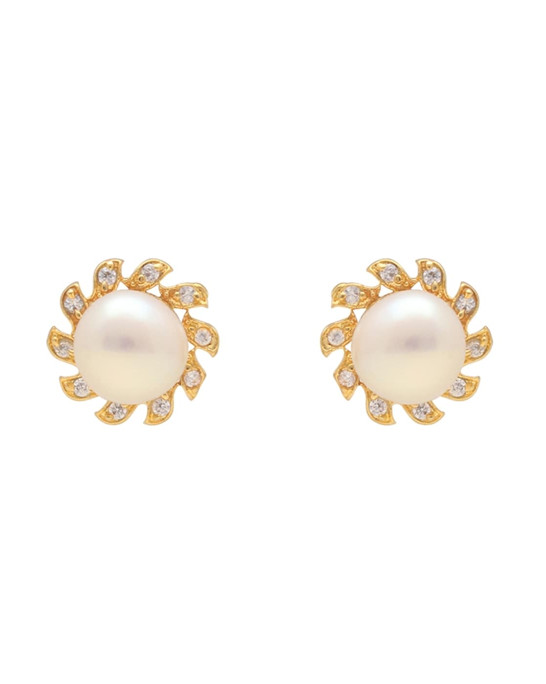 Buy 18k Yellow Gold Stud Earrings with Diamonds and Fresh Pearl  Embellishment Online | Madanji Meghraj