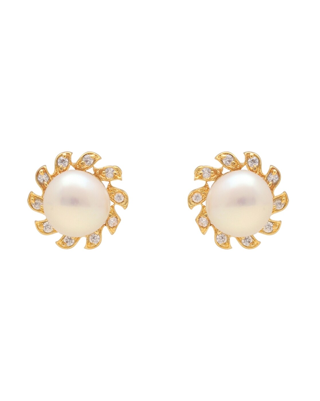 Buy 18k Yellow Gold Stud Earrings with Diamonds and Fresh Pearl  Embellishment Online | Madanji Meghraj