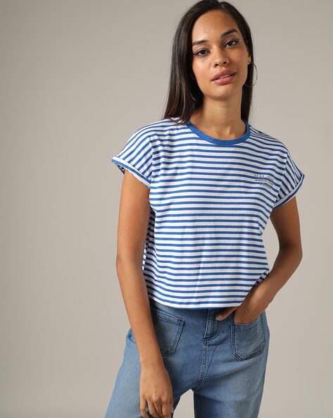Buy Harpa Women Round Neck Short Sleeves Striped T-Shirt online