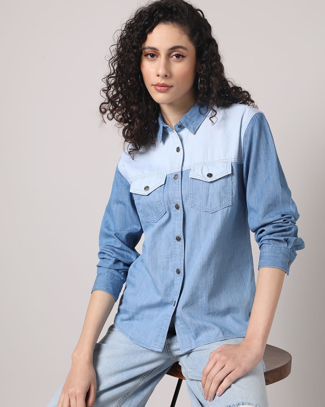 Pink Nine blue plain denim shirt - G3-WTO3491 | G3fashion.com