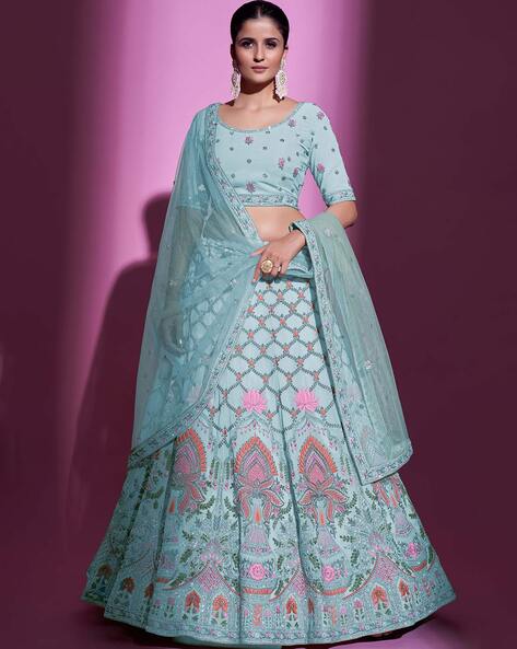 Buy Sky Blue Art Silk Wedding Wear Thread Work Lehenga Choli Online From  Wholesale Salwar.