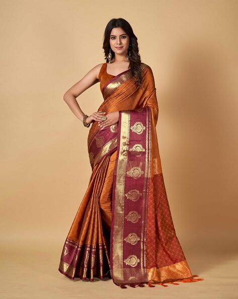 IKAT Tussar Tarang Handwoven Silk Saree - Sun Yellow Rust – Vrikshdesigns