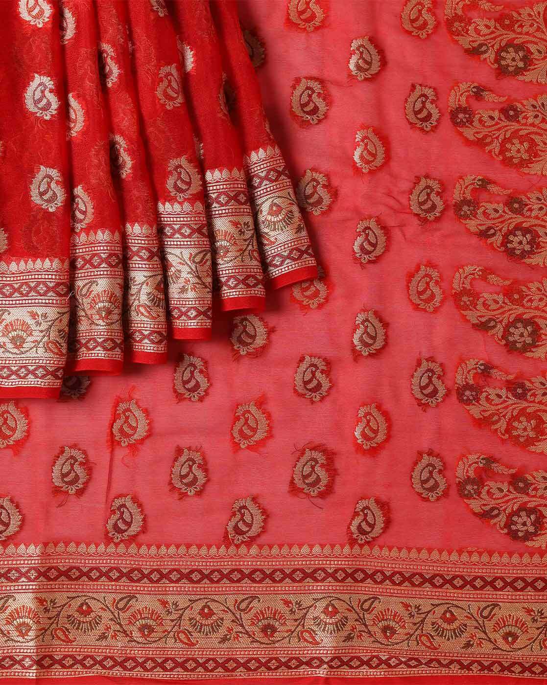 Buy HOUSE OF BEGUM Red Katan Silk & Silver Zari Work with Unstitched Blouse  online