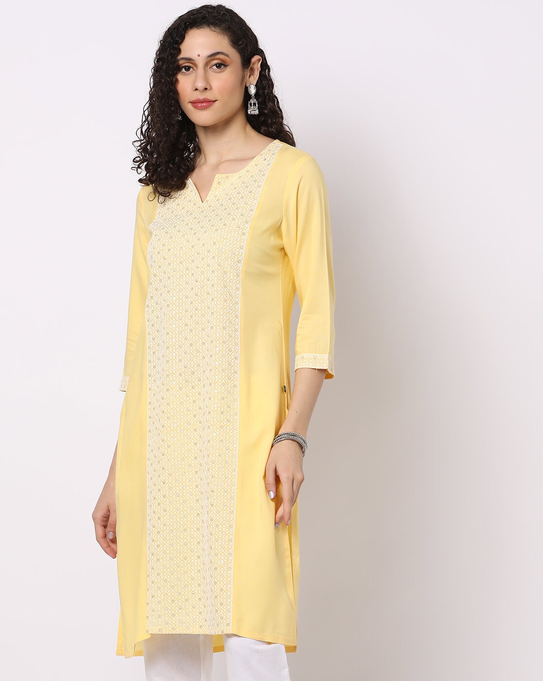 Yellow Silk Pattern Design 3/4 Sleeves Kurti Tops For Women