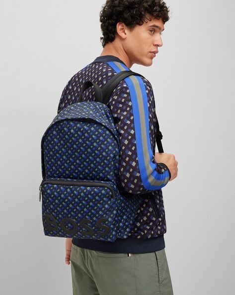 BOSS - Monogram-print backpack in recycled material with adjustable straps