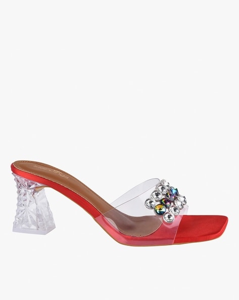 Red rhinestone block cheap heels