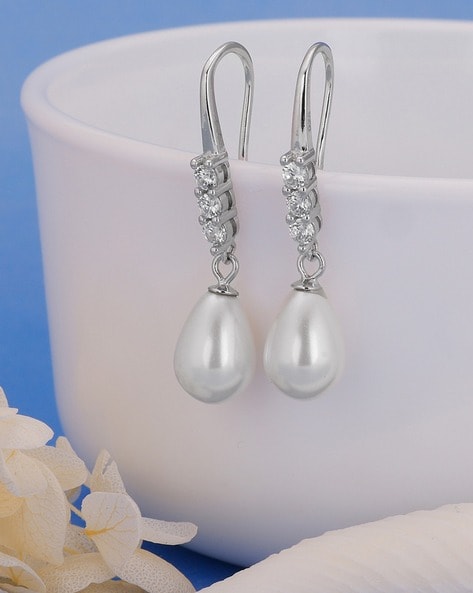 Buy the Silver Pearl Drop Earrings - Silberry