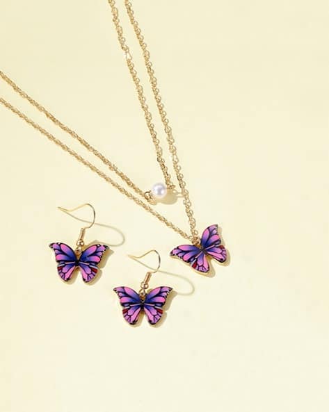 Yellow Chimes Gold-Plated Pearl Butterfly Design Pendant Set with Drop Earrings