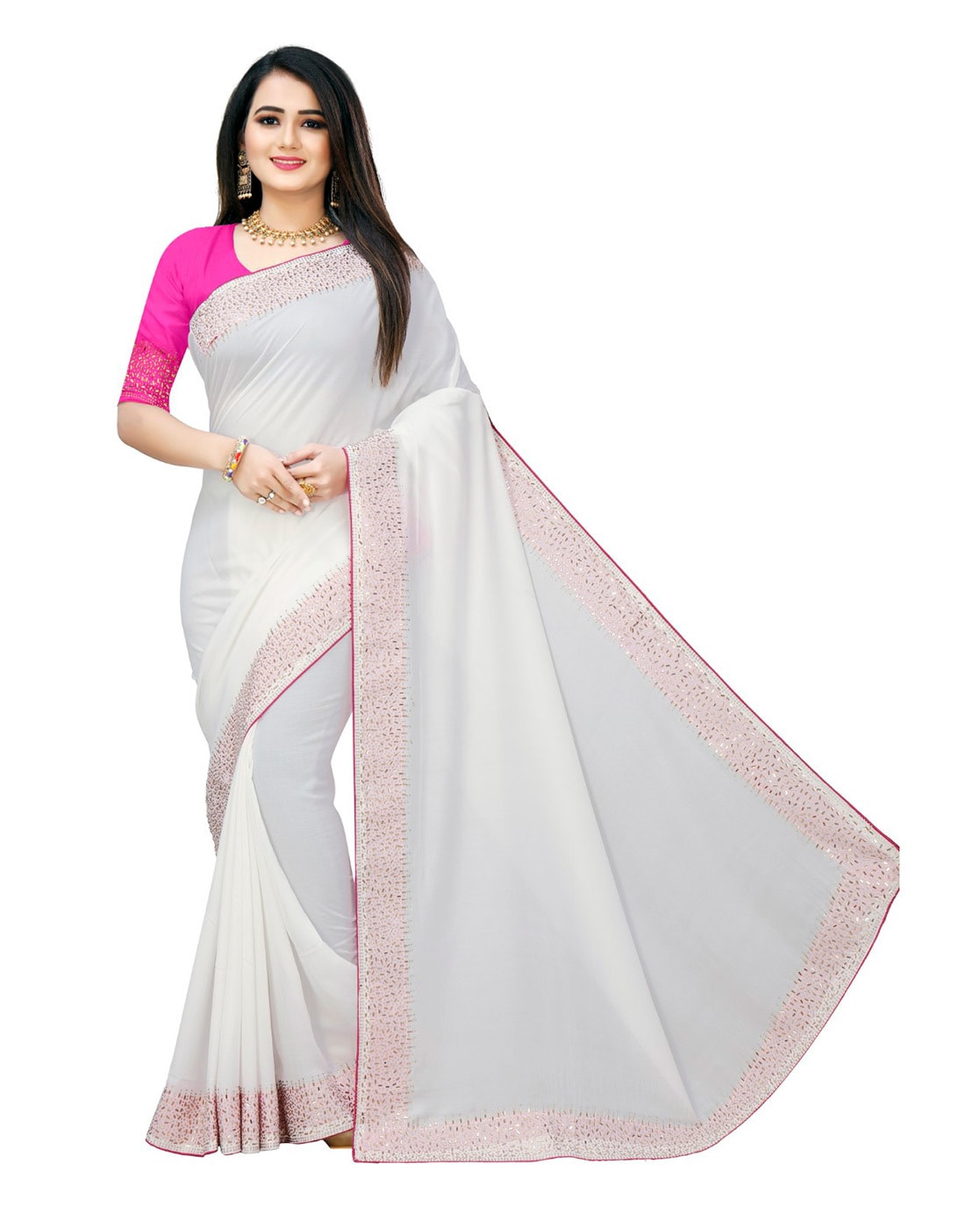 Mesmerizing White Plain Linen Saree with Golden Red Border Onam Special -  Loomfolks