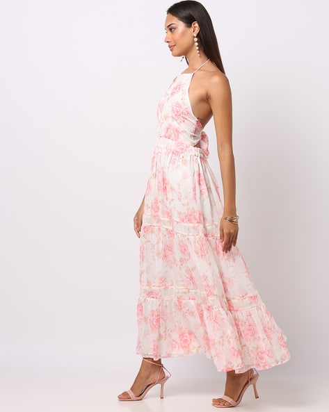 Prom White N Pink Dress Chiffon Floral Midi Dress Ruffle Sleeveless Floral Print Wrap High Waist Prom White N Pink Dress Chiffon Floral Midi Dress Ruffle Sleeveless Floral Print Wrap High Waist