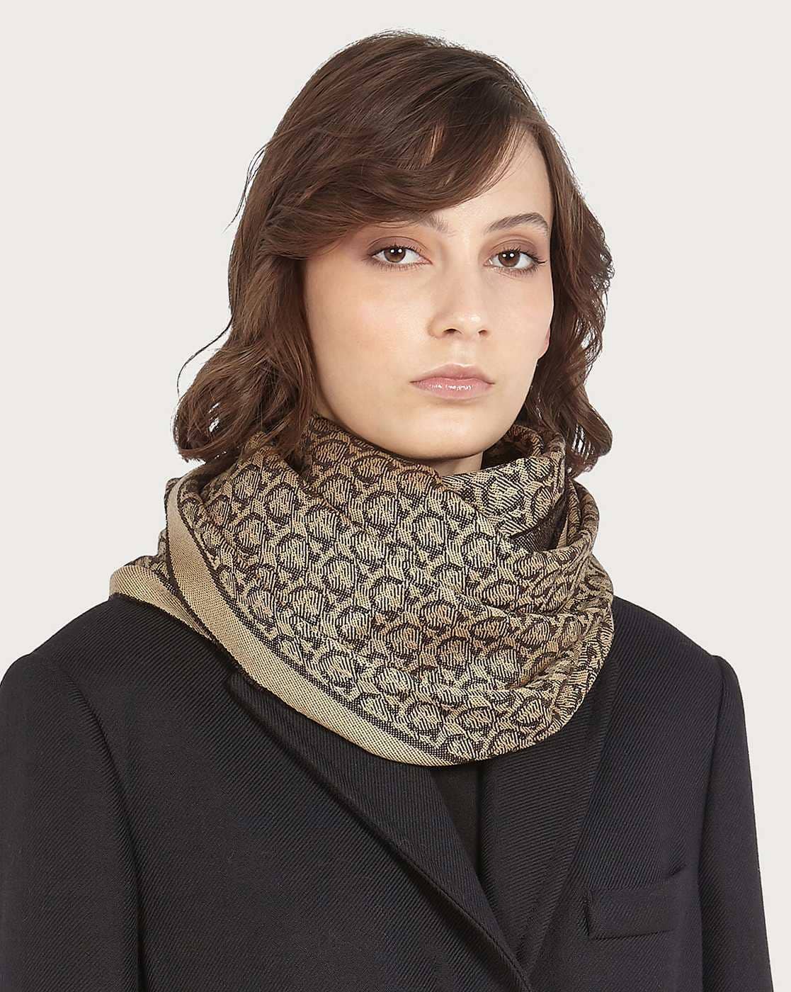 Buy Ferragamo Gancini Woolen Scarf Beige Brown Color Women