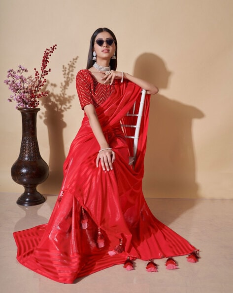 Hot Red Colour Fancy Chiffon Saree with Printed Border and Blouse Piece |  FashSpark