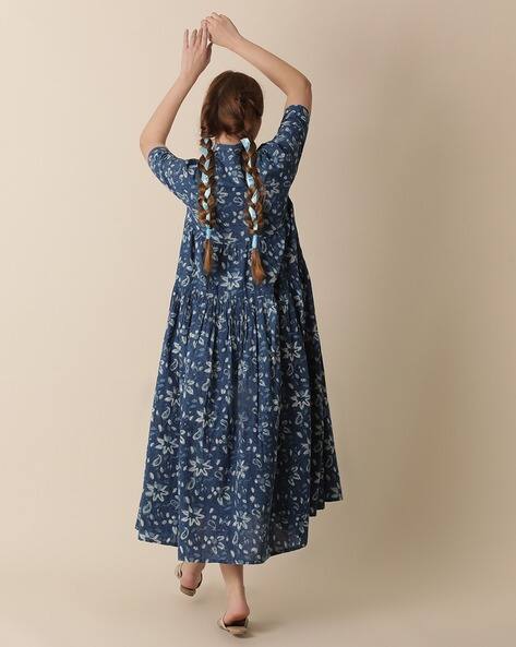 Bagru Handblock Cotton Collar Neck Tiered Dress with inserted Pocket