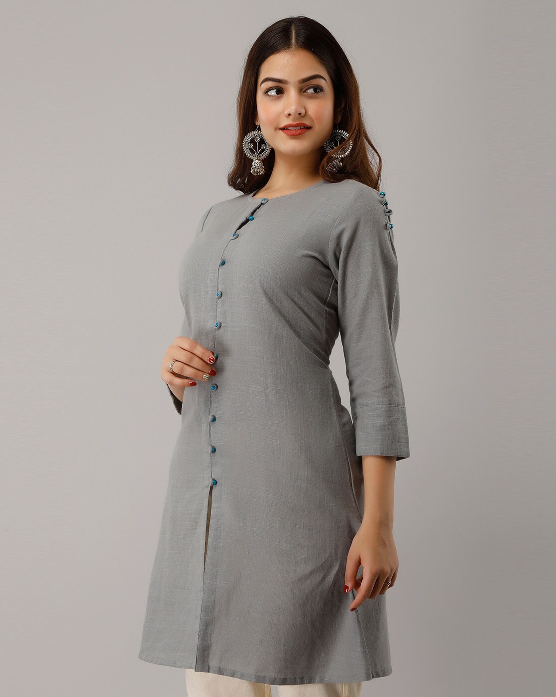 Buy Cotton Stripe Print Women's Long Kurti Collar Neck Button Tab Sleeves  Front Opening With Buttons Online in India - Etsy